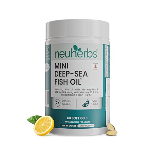 Image of Neuherbs Mini Deep Sea Omega 3 Fish Oil Capsules 1000mg Supplement | EPA - 360mg, DHA - 240mg | With Vitamin E & D3 | Supports Heart, Brain, Muscle & Joint Health| Lemon Flavour - 60 Softgels