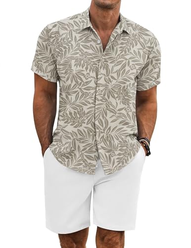 COOFANDY Men's Summer Beach Outfits 2 Piece Short Sleeve Shirts and Shorts Vacation Linen Sets for Men