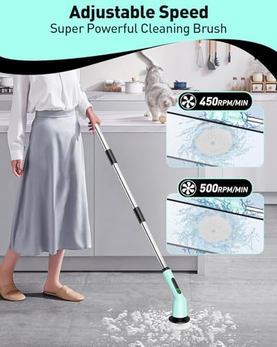 Image of Electric Spin Scrubber for Cleaning Bathroom, Shower Scrubber Cordless Cleaning Brush with IPX7 Waterproof & 2 Speed, 3 Brush Heads, Bathroom Cleaning Supplies for Toilet Shower Tub Mint Green