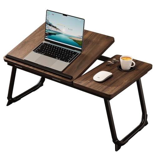 Image of Foldable Laptop Desk for Bed, 21.6 inch Split Desktop Adjustable Lap Desk for Adults, 5 Tilt Angles Ergonomic Laptop Table with Cup Holder, No Assembly Portable Bed Desk for Couch, Office, Travel (Brown)