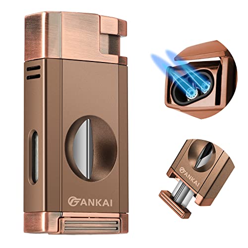 FANKAI Torch Lighter with Cigar V Cutter, Cigar Lighter Double Jet Flame Refillable Butane Lighter 2 in 1 Windproof Lighters for Smoking with Gift Box (Butane Not Included)