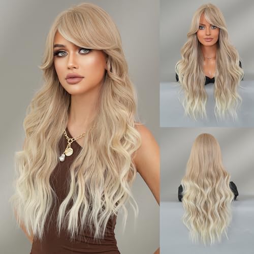 Nuxovin Long Wavy Curly Wigs Human Hair with Bangs Heat