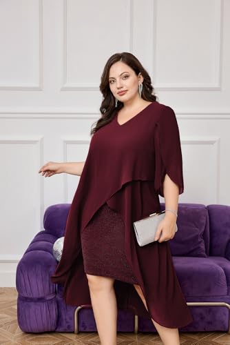 Image of Hanna Nikole Womens Plus Size Chiffon Cocktail Dress Ruffle 3 /4 Sleeve Wedding Guest Party Dresses with High Low Hem