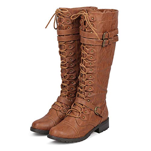 Women's Knee High Lace Up Buckle Winter Combat Stacked Heel Riding Boots Tan 10