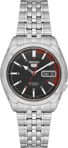 Seiko SNK375K1-5 Gent Herren-Armbanduhr, analog, Automatik, schwarzes Zifferblatt, graues Stahlarmband