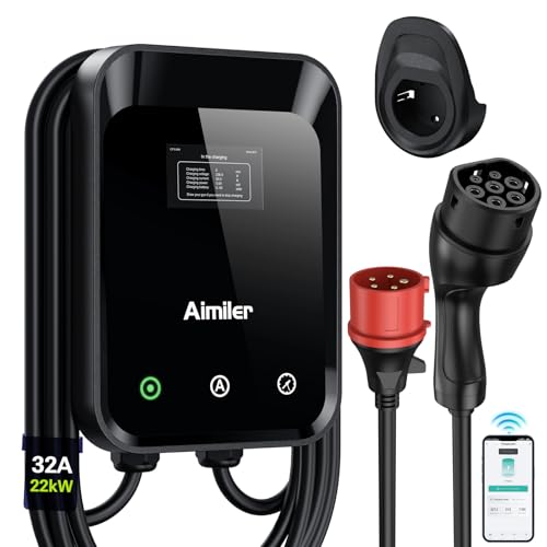 AIMILER Wallbox 22kW mit App,3-Phasen (16-32A 400V) EV Ladestation IP66|Typ 2 Kabel 7M mit Kabelhalter|CE&TÜV mit LCD für Zuhause für BEV PHEV,RCBO Type A AC 30mA+6mA DC
