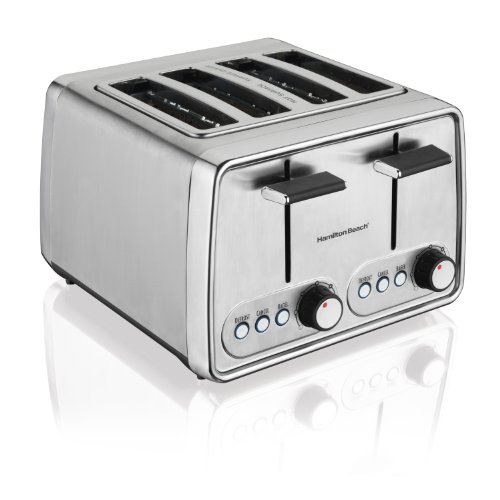 Image of Hamilton Beach Modern Chrome 4 Slice Extra Wide Slot Toaster with Bagel and Defrost Settings, Shade Selector, Toast Boost, Slide-Out Crumb Tray, Auto-Shutoff and Cancel Button, Stainless Steel (24791)