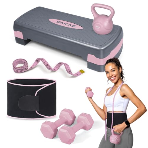 Adjustable Exercise Stepper Kit with Dumbbells & Kettlebell & Weightlifting Belt & Measuring Tape, 2 Level Risers Aerobics Step Platform for Home Gym Exercise Fitness Workout, Pink Grey