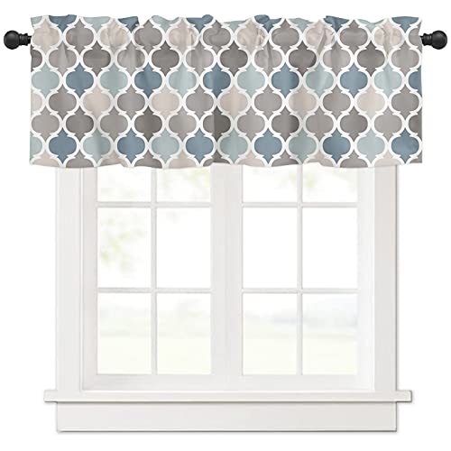 Window Valance Rod Pocket Short Curtain Panels Moroccan Tile Indigo Grey Kitchen Valances Curtains, Geometry Lattice Window Treatments Drapes For Living Room Bedroom Decor #TOP1