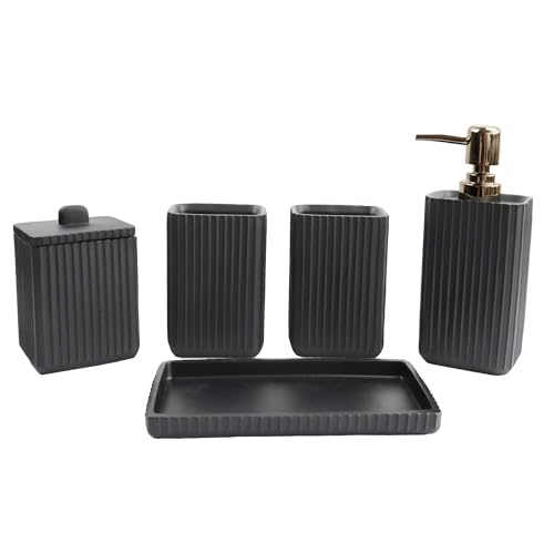 Hymmah Black Bathroom Accessories Set,Unique Design Bathroom Set 5 Pcs Resin Gift Set Apartment Necessities, Contain Cotton Swab Jar,Soap Dispenser,Soap Dish/Tray,Tumbler by Hymmah - Image 3