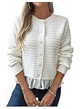 BEAUDRM Women's Cardigan Sweaters Lace Trim Button Up Cardigan Long Sleeve Crew Neck Knit Cardigan Sweater Apricot Large