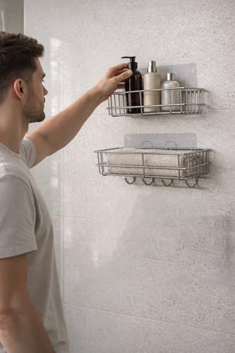 Image of SaleOn Stainless Steel Lifetime Rust Free Self Adhesive Shelf Rack Set of 2 for Kitchen & Bathroom | No Drill Wall Mount Sink Organizer with Hooks | Kitchen Sink Wall Organiser | 1 Year Warranty