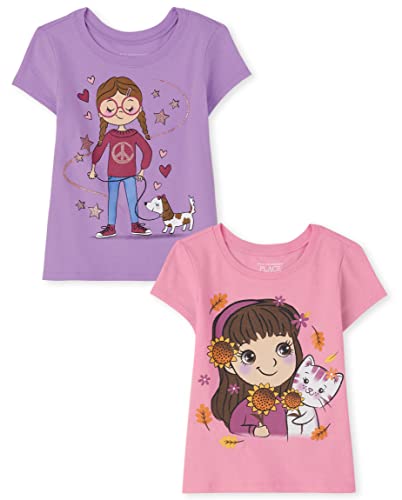 The Children's Place girls And Toddler Short Sleeve Graphic T-shirt 2-pack T Shirt, Dog/Cat, 2T US