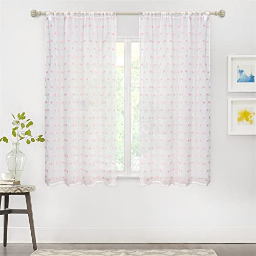 Image of MYSKY HOME Pink Pom Pom Sheer Curtains for Girls Bedroom 63 Inches 2 Panels | White Sheer Curtain, for Boys Room Kids Curtains Dining Room, Rod Pocket, Bohemian Farmhouse Window Drapes, W50 X L63