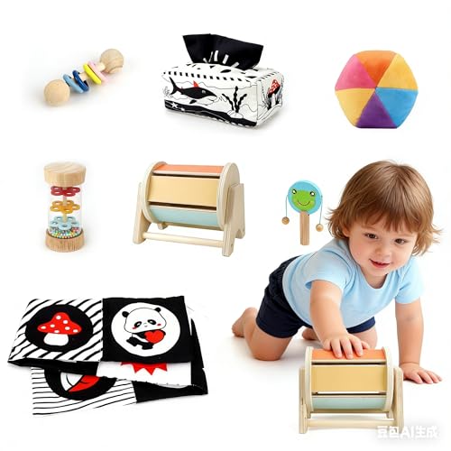Image of Dulsaera Montessori Toys 7 in 1 Learning Educational Set Newborn Toys, Rainbow Ball, Baby Black and White Books, Tissue Box Toy, Spinning Drum, Rattle Toy