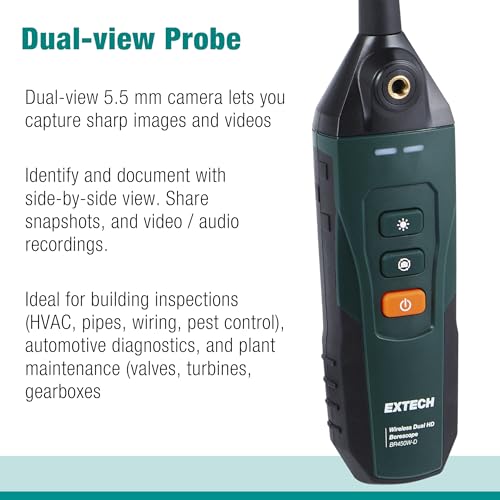 Image of Extech BRW450-D Wireless Dual HD Videoscope | 1280x720 dual HD, 5.5mm probe on 1.5m cable, IP67, ExView app, 5hr battery, case