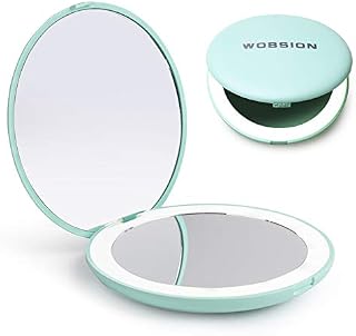 wobsion Compact Magnifying Mirror,Rechargeable 1x/10x Magnification Travel Mirror with Light,Small Makeup Mirror,Pocket Mirror for Purse,Handbag,Handheld 2-Sided Mirror,Dimmable,Gifts for Girls,Pink
