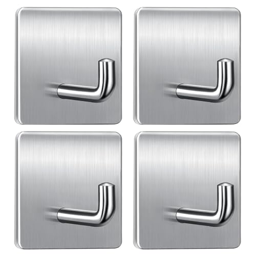 Woobroo Self Adhesive Hooks, Extra Sticky and Strong on Wall and Door, 4 Packs 304 Stainless Steel Heavy Duty Hooks for Doors, Kitchen, Bathroom, Cupboards, Office, Walls, Coats, Keys