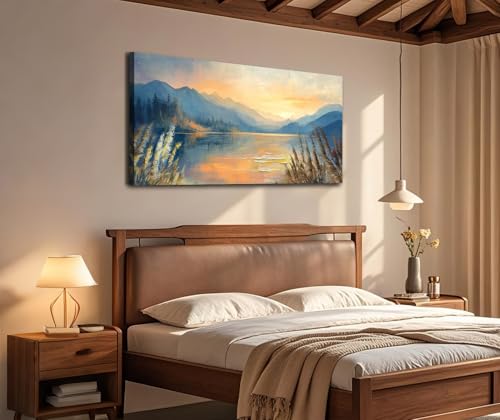 Arjun Landscape Painting Sunset Mountain Lake Canvas Wall Art Textured Framed Large 40"x20"- Soft Blue Warm Serene Picture Prints Nature Artwork for Living Room Bedroom Home Office Wall Decor by Arjun - Used condition - Image 6