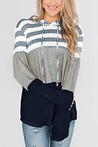 Kingfen Womens Hoodies Pullover Color Block Striped Hooded Sweaters Fall Clothes For Women Hoody Fashion Sweatshirts Hoodys For Women Lightweight Hoody White Sweatshirt Women Navy Large #TOP2