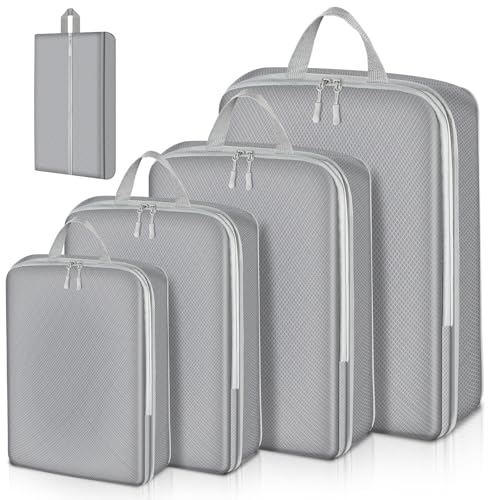 Annaben 旅行用圧縮袋 トラベルポーチ 便利旅行圧縮バッグ 4点セット シューズバッグ付き 可変スペース 圧縮で衣類スペース 衣類仕分け収納 スペース節約 スーツケース 軽量 出張 旅行 温泉 海外 修学旅行 便利グッズ (グレー)のサムネイル