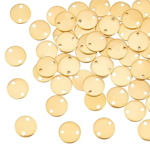 UNICRAFTALE about 50Pcs Gold 10mm Diameter 304 Stainless Steel Connector Charms Flat Round Linking Pendants 1.3mm Hole Small Engraving Blank Tag Pendants Metal Charms for DIY Bracelet Jewelry Making