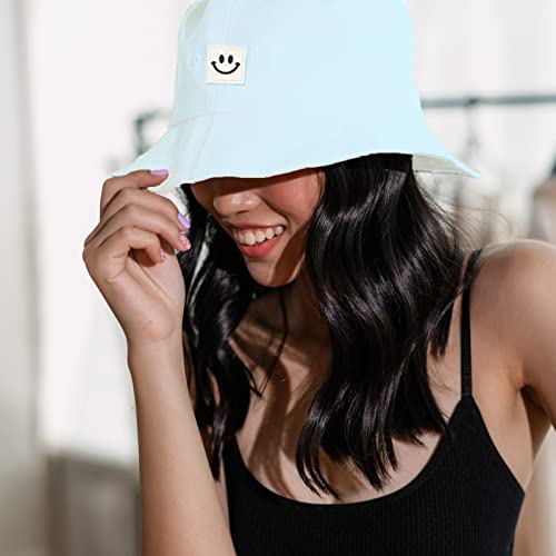 Sun Hat For Women Men Cotton Uv Protection Bucket Hat Summer Fishing Hunting Hiking Travel Cap Double-Sided Reversible Wide Brim Beach Hat Unisex Girls Packable Outdoor Smile Face Hat (Blue) #TOP2