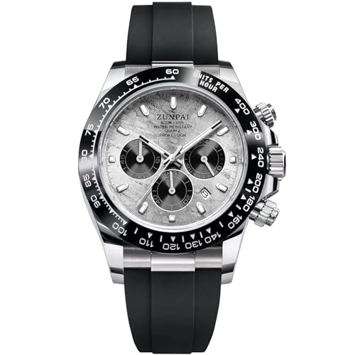 senstone Men's Watch Panda Chronograph Dial Fashion Quartz Movement Wrist Watch Analog Business Waterproof Scratch Resistant Silicone Strap Rubber Band Sports Watches for Men (Silver)