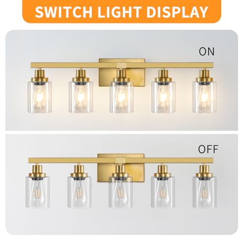 Image of 5 Light Gold Bathroom Vanity Light, Bathroom Light Fixtures, 31 inch Modern Brushed Gold Vanity Lighting Fixtures for Bathroom Over Mirror, Gold Sconces Wall Lighting for Bedroom
