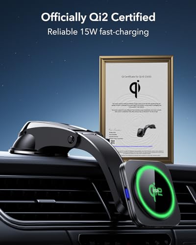 ESR for Qi2 15W MagSafe Car Mount Charger, Qi2-Certified MagSafe Car Charger, Dashboard Magnetic Wireless Car Charger Mount, for iPhone 15/14/13/12 Series, Fast Charging, Car Accessories, Black