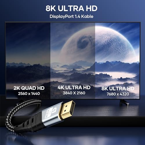 YUETUOL Cable Displayport 1.4 2m, DP Cable 8K@60Hz, 4K@144Hz, 2K@240Hz, HDR10, DSC 1.2, G-Sync&Free-Sync, Cable Displayport 240Hz de Alta Velocidad 32.4Gbps Compatible con PC, Gaming, Monitor - imagen 2