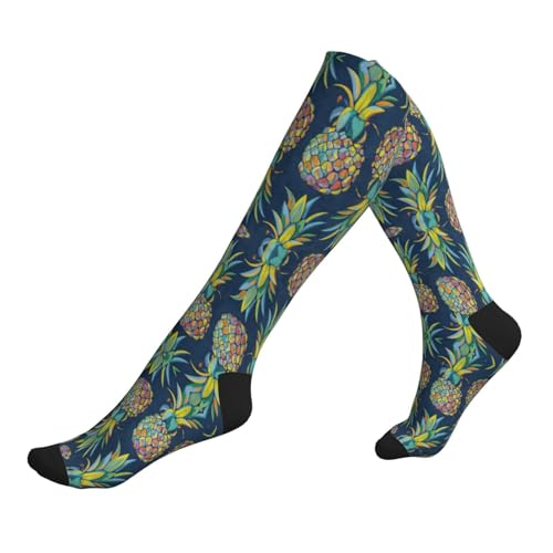 DUWAA Calcetines de compresión para correr con estampado de piña de frutas tropicales para mujeres y hombres, calcetines de circulación de apoyo, calcetines deportivos, 2 Negro-2, Altoa única