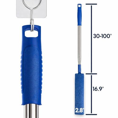 Image of Retractable Gap Dust Cleaner with Extension Pole & 3 Microfiber Cloths | Cleaning Tools with 3 Microfiber Dusting Cloths | Long Handle Duster 30-100'' | Under Refrigerator Furniture Appliance Blue