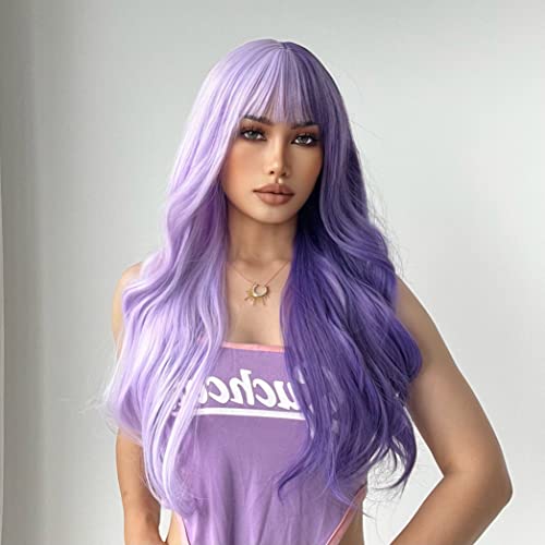 Mohigirl Purple Wig/Purple Wig for Women/Purple Wig with Bangs/Ombre Wig/Synthetic Wig/Long Wig/Natural Looking Heat Resistant Fiber Wig for Daily Cosplay Party Halloween Costume 24 inch