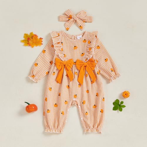 Baby Girl Halloween Clothes Smocked Bubble Romper Pumpkin Embiordery Long Sleeve Striped Plaid Jumpsuit Fall Outfit4