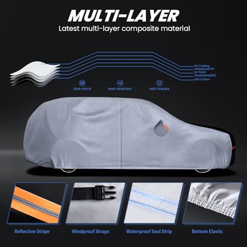 Image of Large SUV Car Cover Waterproof All Weather, 10 Layers Outdoor Car Covers for SUV - Sun & Rain Protector Full Exterior Covers. Custom Fit Buick Enclave, Chevrolet Traverse, Tahoe, Trailblazer, etc