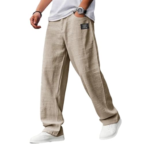Mens Cotton Linen Pants, Casual Hemp Fabric Embroidered Logo Loose Comfort Trousers Drawstring Pockets Golf Pants2