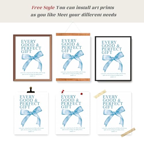 Image of LARTSFRO Coquette Blue Bow Bible Wall Art Decor Poster, Blue Bow Bathroom Decor, Aesthetic Teen Girl Living Room Bathroom Decor, Trendy Gifts for Women Teens Teen Girls, 10x8 Inch Set of 4 Unframed