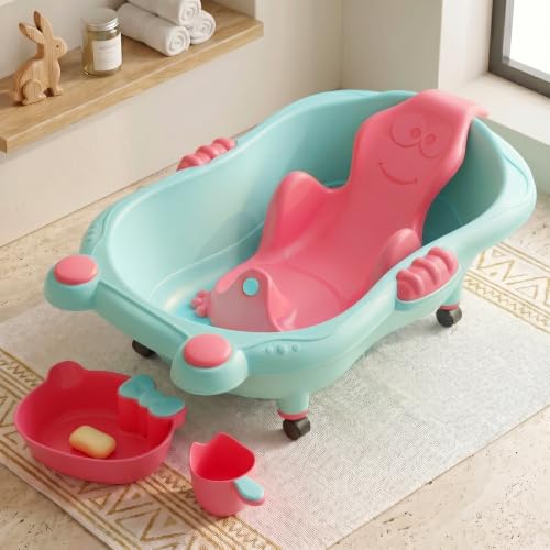 Image of StarAndDaisy Bath Tub for Baby 0-5 Years / Bath tub for Kids with 0-3 Years Girls & Boys with bathseat, Wheels , mug and soap tray, Space Saving Design, Newborn Baby Bathing Tub, Easy to Store (Green-Pink)