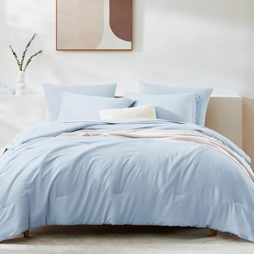 Image of Queen Comforter Set-7 Pieces Soft Prewashed Bed in a Bag Queen Bedding Sets | All Season Comforter with Sheets, Pillow Shams & Pillowcases,Ice Blue