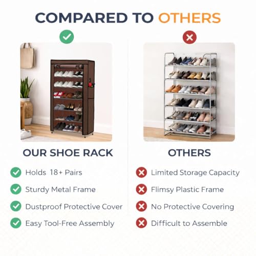 Image of Metal Shoe Stand with Cover, 6 Tier Shoe Organizer for Home & Office - Brown