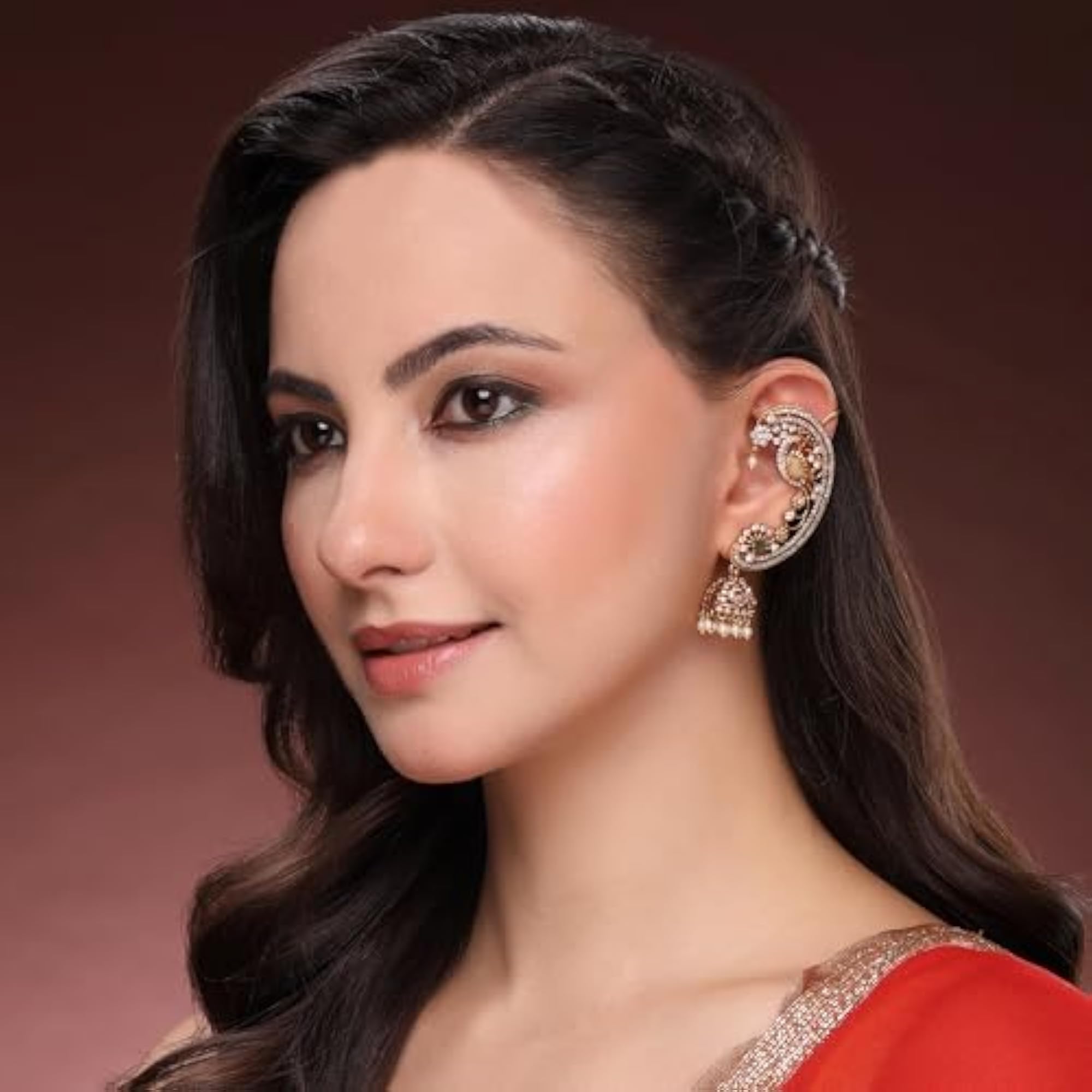 Plated Ear Cuff Jhumka with American Diamond & Pearl Drops