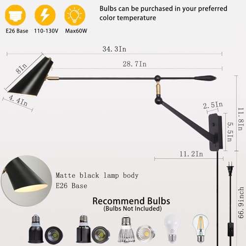 Image of Adjustable Directional Plug in wall Light Swing arm, Unique Long Pole wall Lamps for Living Room Sofa Background Wall, Movable Retro Style Dining Table Large wall Mount lamp, E26 Base