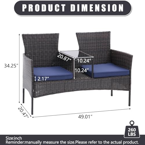 Affmitime Wicker Patio Loveseat 2 Seat Ratten Patio Conversation Set With Cushions And Built-In Table With Tempered Glass Top For Balcony,Garden,Weather Resistant thumb #1