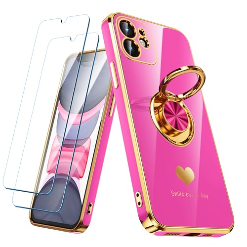 Nonional Compatible for iPhone 11 Case with 2 Pack Screen Protector, 360° Rotatable Ring Holder [Luxury Hearts Pattern] Plating Gold Edge Slim Soft Phone Cover Case for iPhone 11 - Rose Pink by Nonional - Used condition - US$11.84