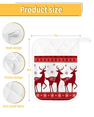 Red Christmas Reindeer Pot Holders With Pocket For Kitchen, Heat-Resistant Potholders Set Of 2, Hot Pads Oven Mitts With Hanging Loops For Home Cooking Baking Microwave, Snowflakes Falling On Elk #TOP2