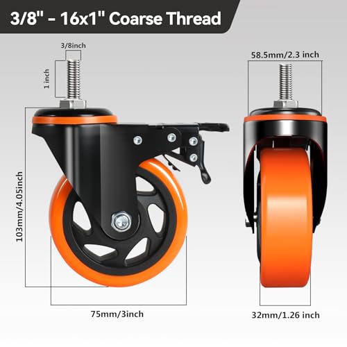 Stem Caster Wheels 3 Inch Heavy Duty,Threaded Stem Casters Set of 4 with American Size 3/8