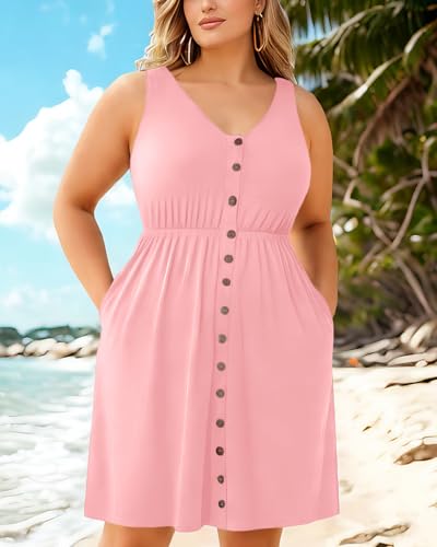 Image of Holipick Women's Plus Size Summer Dresses for Women Casual Dress with Pockets A-Line Swing Button Down Sleeveless V Neck