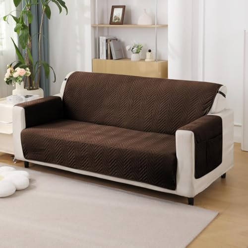 Image of HOKIPO Polyester 3 Seater Quilted Sofa Cover with Pockets, Dark Coffee (NEW2-IN-803-DCF)