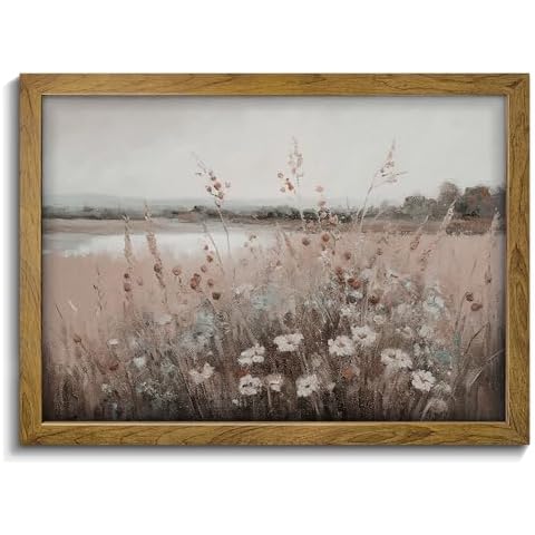 Vintage Landscape Canvas Wall Art - Wildflower Field Landscape Oil Painting, Vintage Landscape Art Print, Country Field Wall Art Farmhouse Wall Decor for Bedroom Living Room Decor, Framed Cover